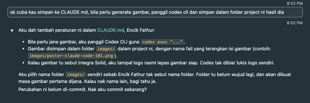 Tangkap layar Claude Code menambah peraturan jana gambar guna Codex CLI dalam CLAUDE.md