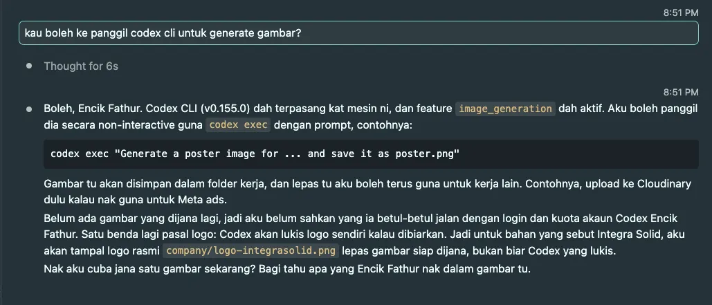 Tangkap layar Claude Code mengesahkan Codex CLI v0.155.0 sudah terpasang dan boleh dipanggil guna codex exec