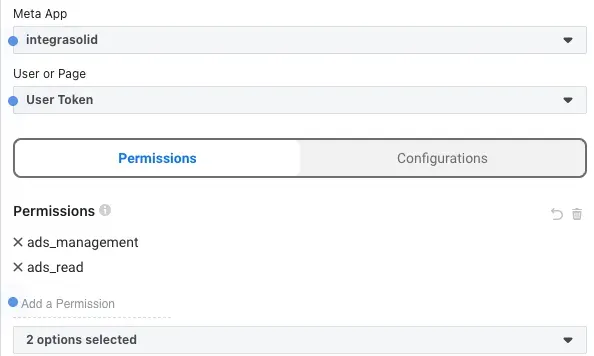 Panel Graph API Explorer dengan Meta App dipilih, User Token, dan permission ads_management serta ads_read