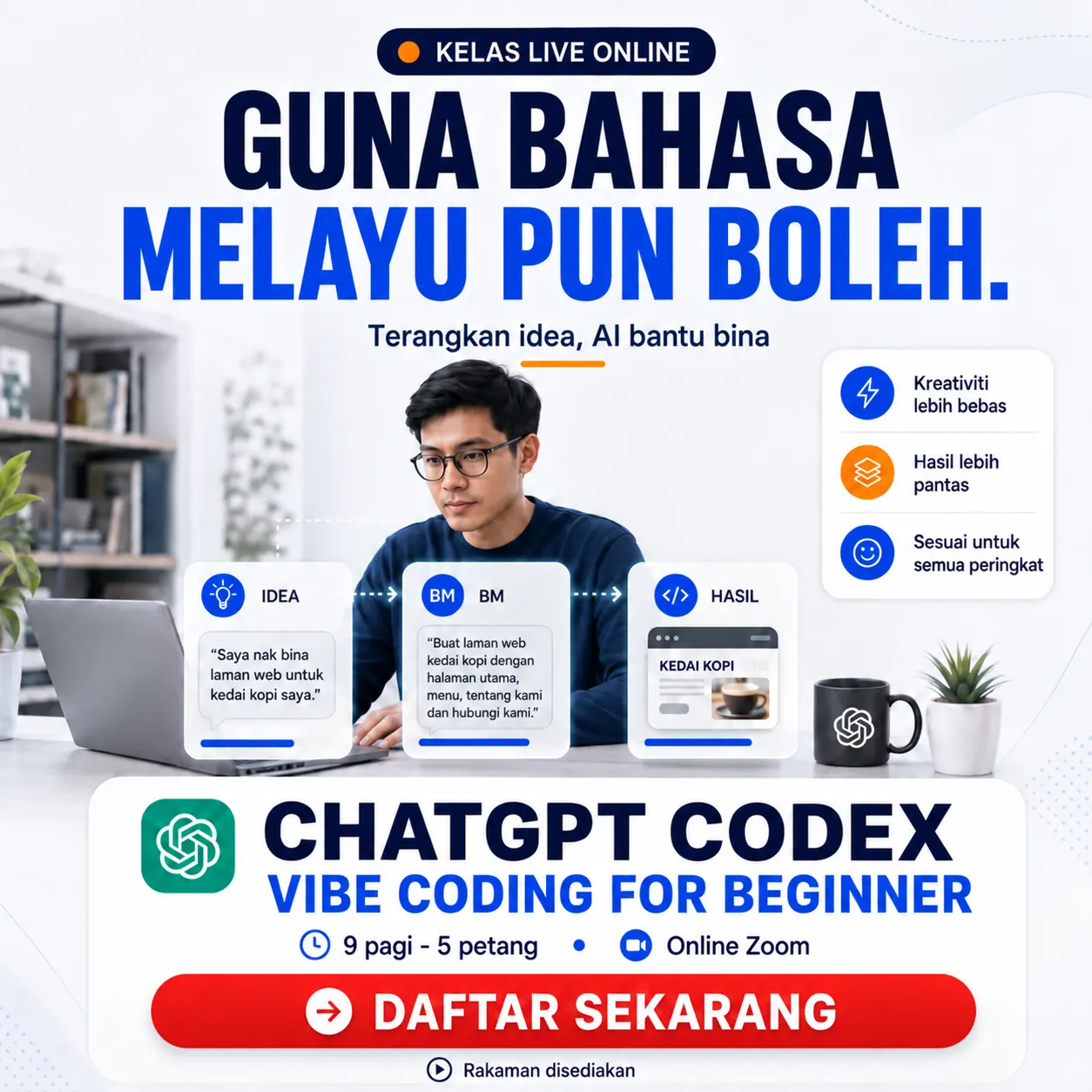 Vibe Coding 101 dengan ChatGPT Codex: Ada Idea Tapi Tak Tahu Coding? Bina 3 Projek Sebenar Dalam Sehari.