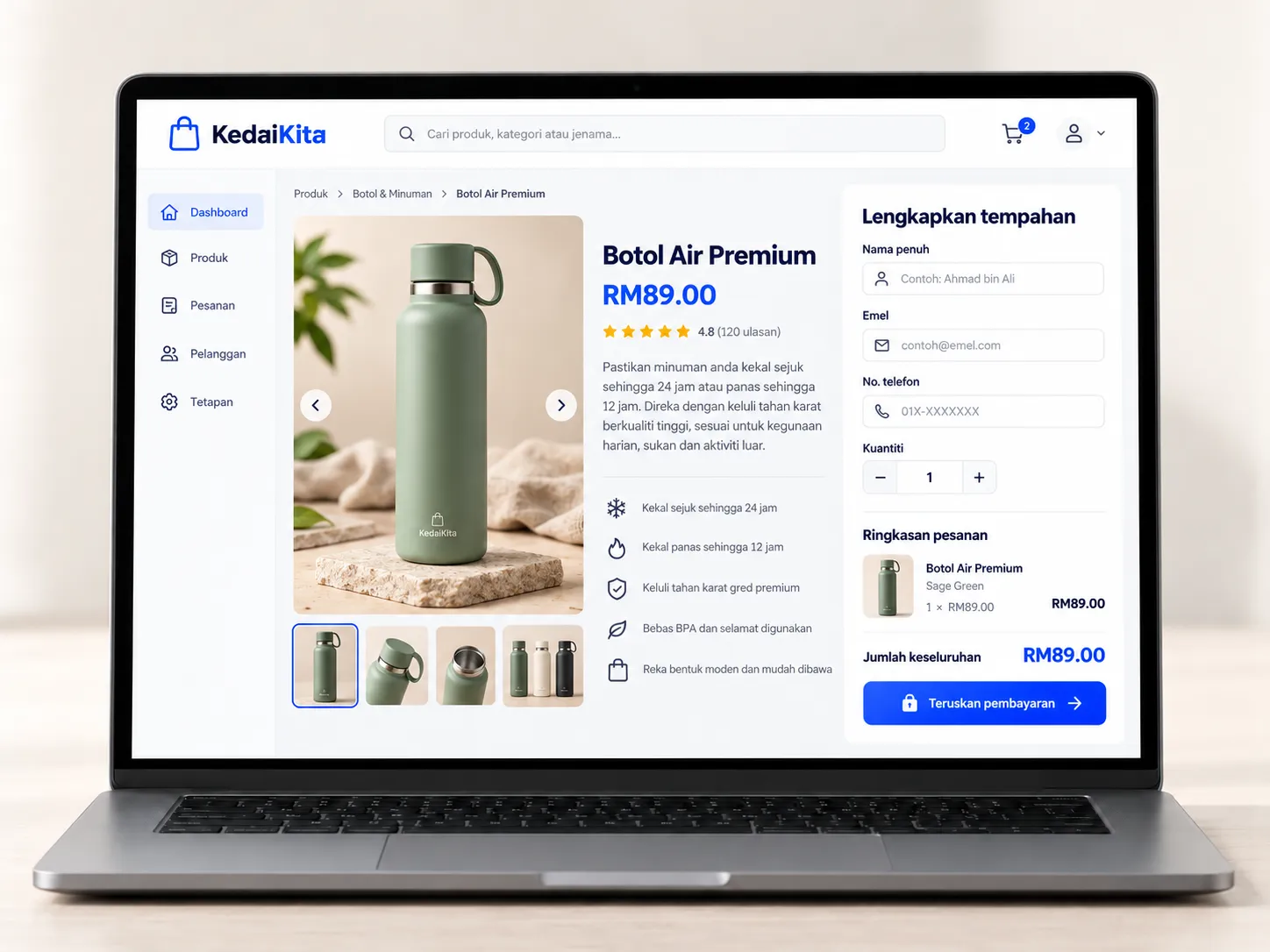 Mockup halaman tempahan produk