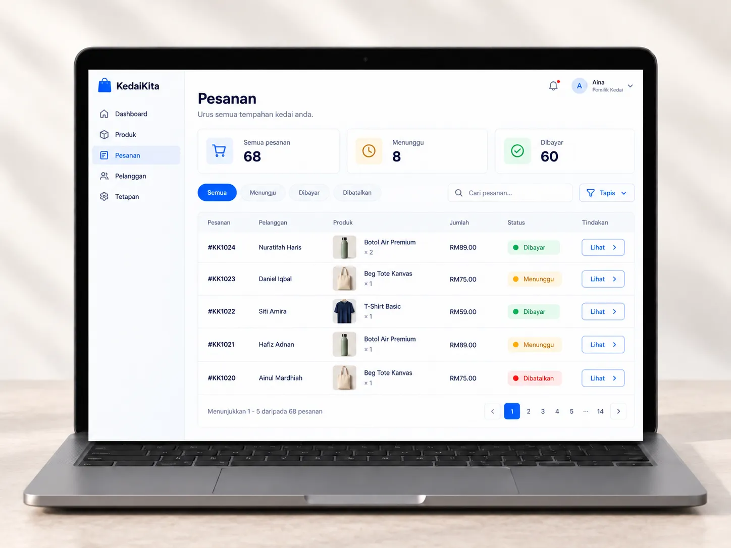 Mockup pengurusan pesanan
